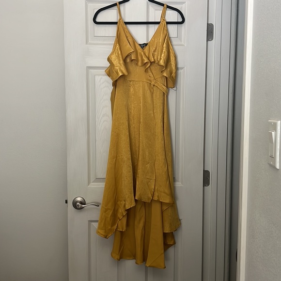 Mustard Yellow Satin Wrap Dress - Picture 2 of 2